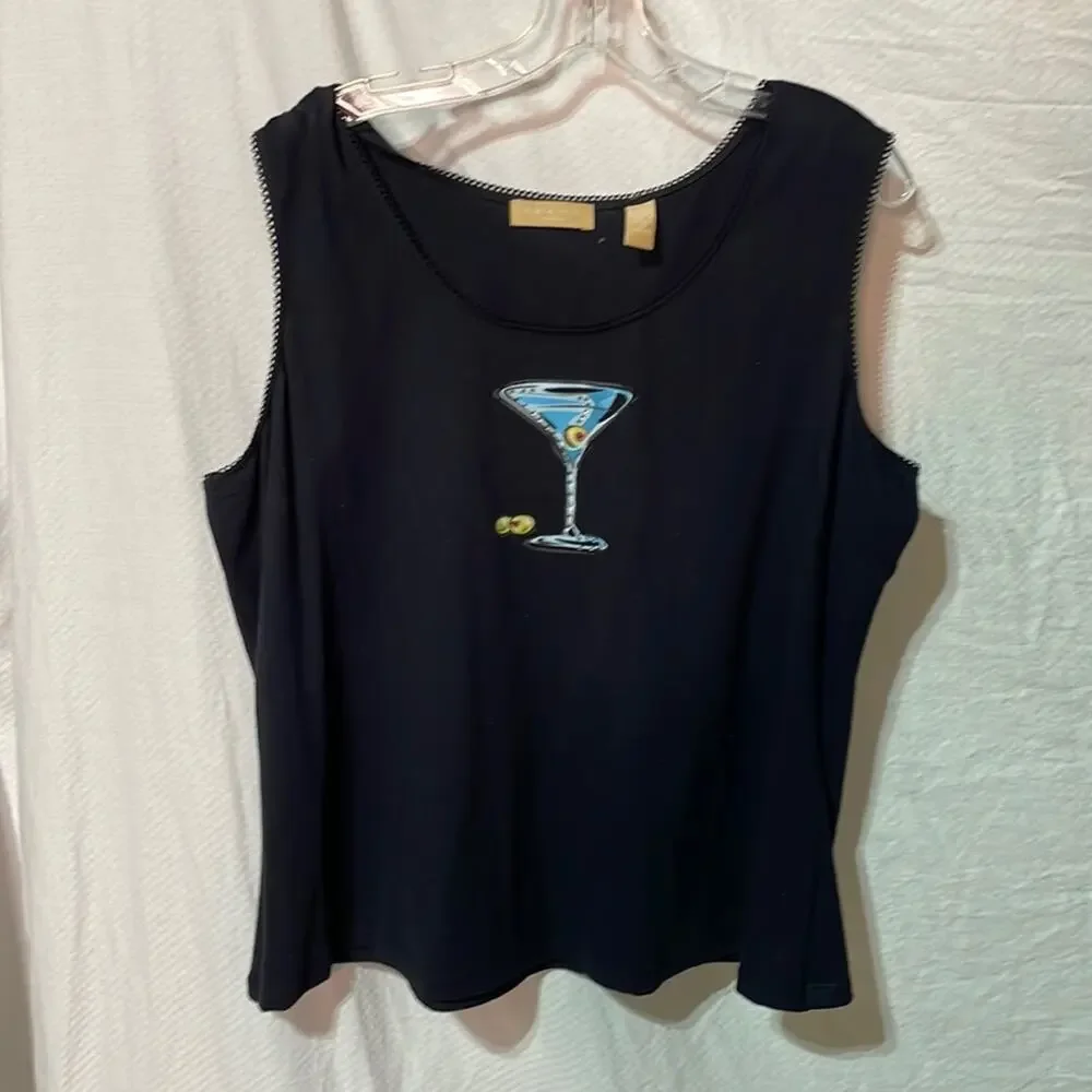 Kate Hill 2x black tank blue martini graphic top nwot scalloped detail